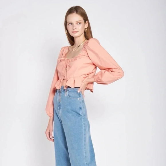 En Saison Cropped Peplum Ruffle Blouse | Coral | Small | Milkmaid, Cottagecore - Picture 3 of 11